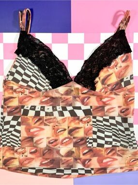 O-Mighty - Hot Lips Print Lace Trimmed Cami